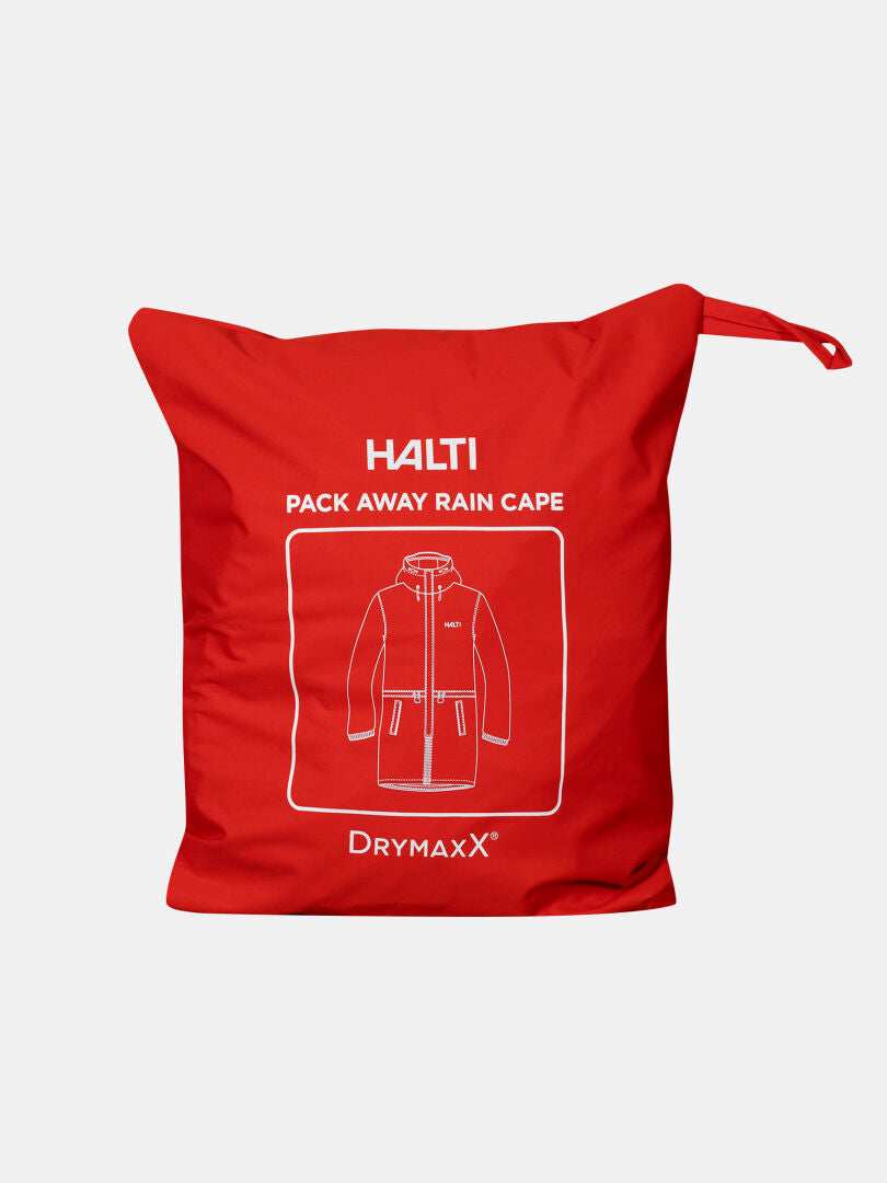 A red pouch with white text and a jacket outline, featuring Halti Coach Jacket by Halti.