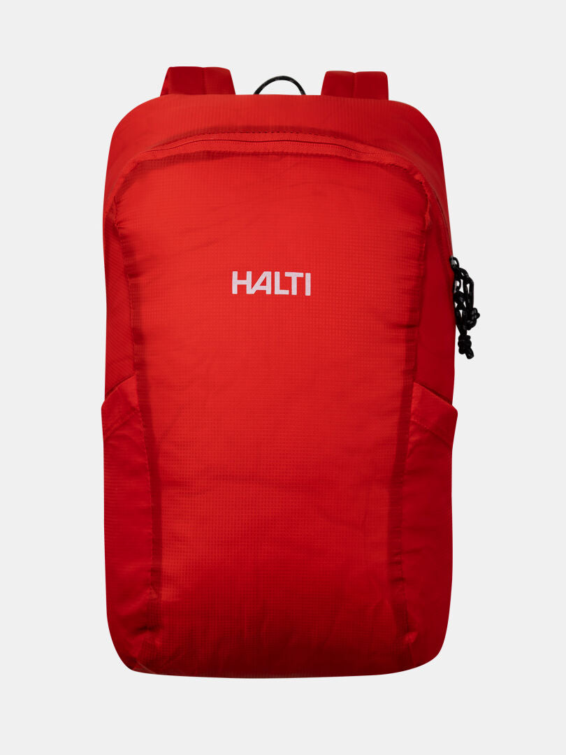 The Halti Streetpack Backpack in red features a front zipper and side pocket, displayed on a white background.