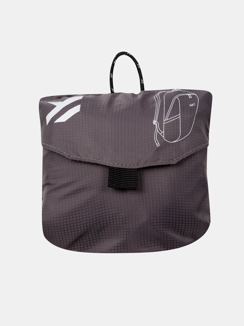 Halti Streetpack Backpack: small gray recycled nylon pouch with black loop handle & backpack line art on the flap.