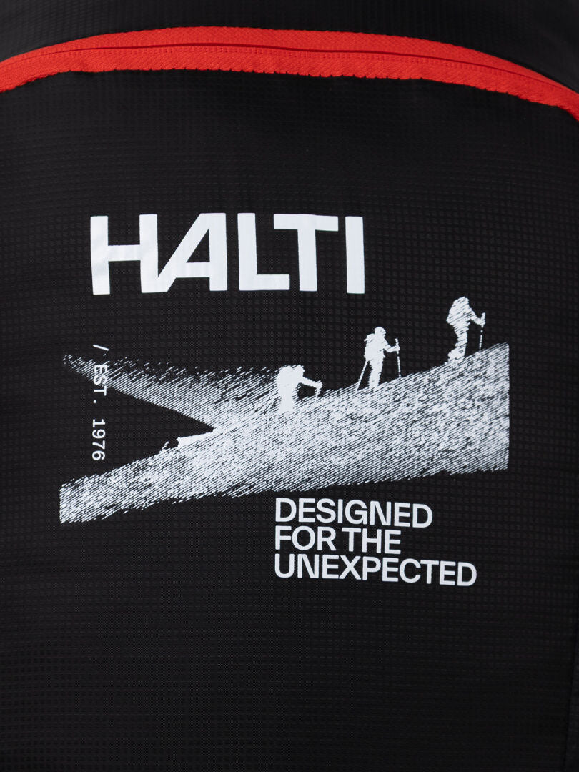 The Halti Streetpack Backpack is black, made from recycled nylon, with Halti text and three hiker silhouettes.