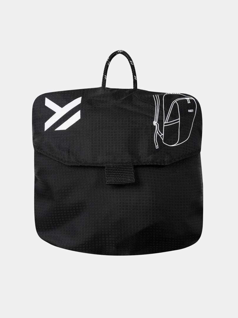 The Halti Streetpack Backpack is a black recycled nylon pouch with white graphics, flap, and loop handle.