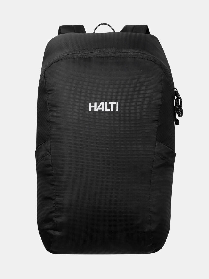 The Halti Streetpack Backpack is ultralight, black recycled nylon, with side pockets and a zippered main compartment.