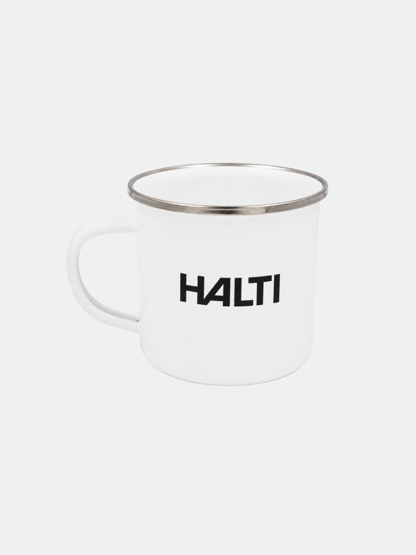Halti Enamel Mug—white with handle and silver rim, “HALTI” printed in black. Great for outdoor use.