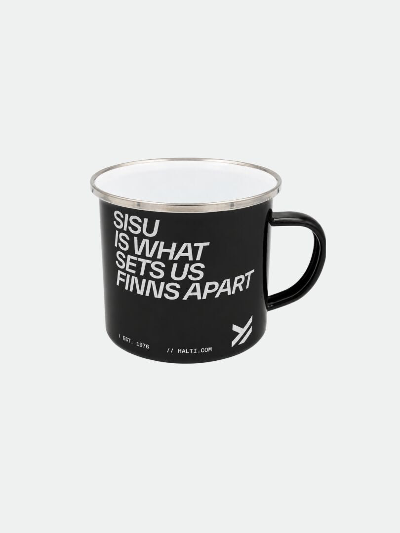 Halti Enamel Mug: black, with handle, “Sisu” text—durable and perfect for outdoor adventures.