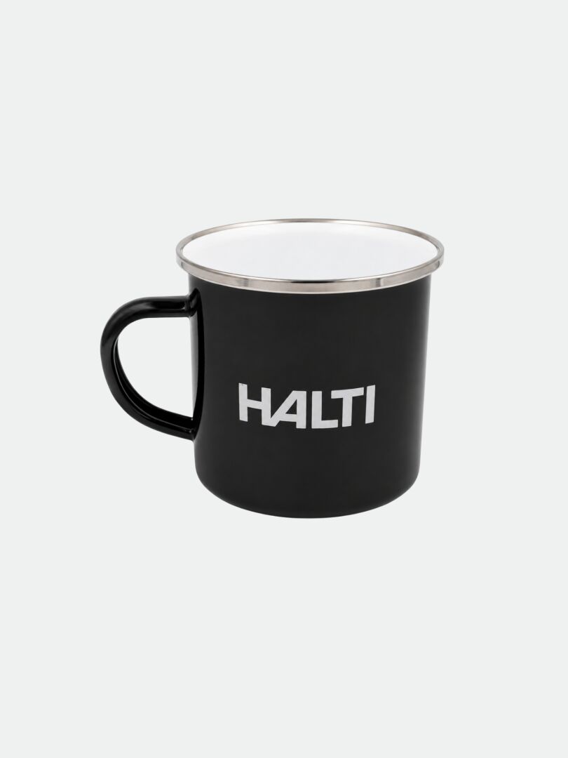 Halti Enamel Mug: Black enamel mug with handle, silver rim, and “HALTI” printed in white on the side.