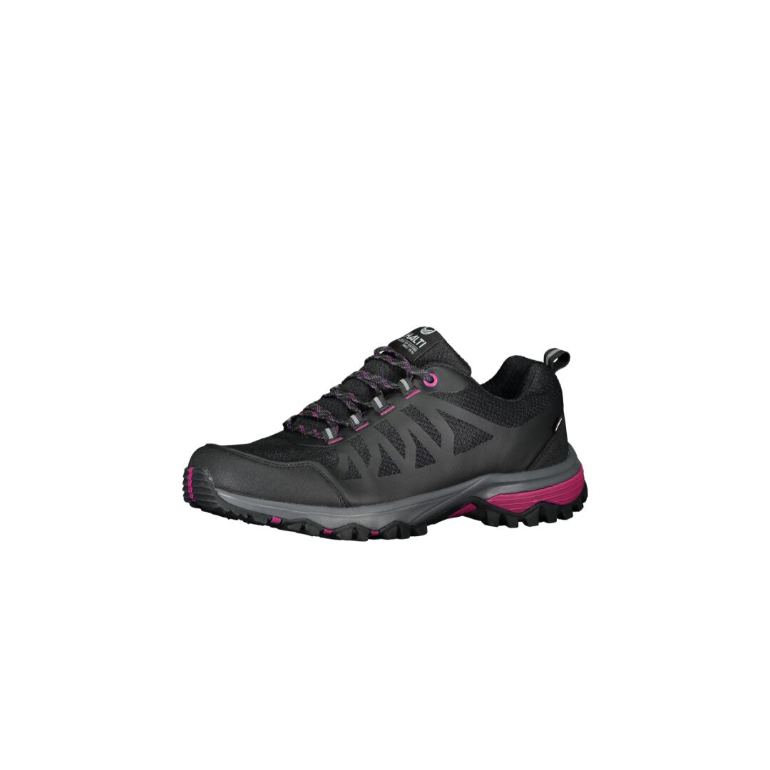 The Halti Outdoor Sneaker Low DX Women's is a black, waterproof, low-cut trail shoe with pink accents for outdoor activities.