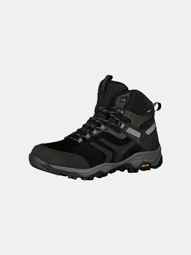 Halti Ragnar Mid DrymaxX trekking shoe in black/gray, with Vibram outsole and ankle support on a plain background.