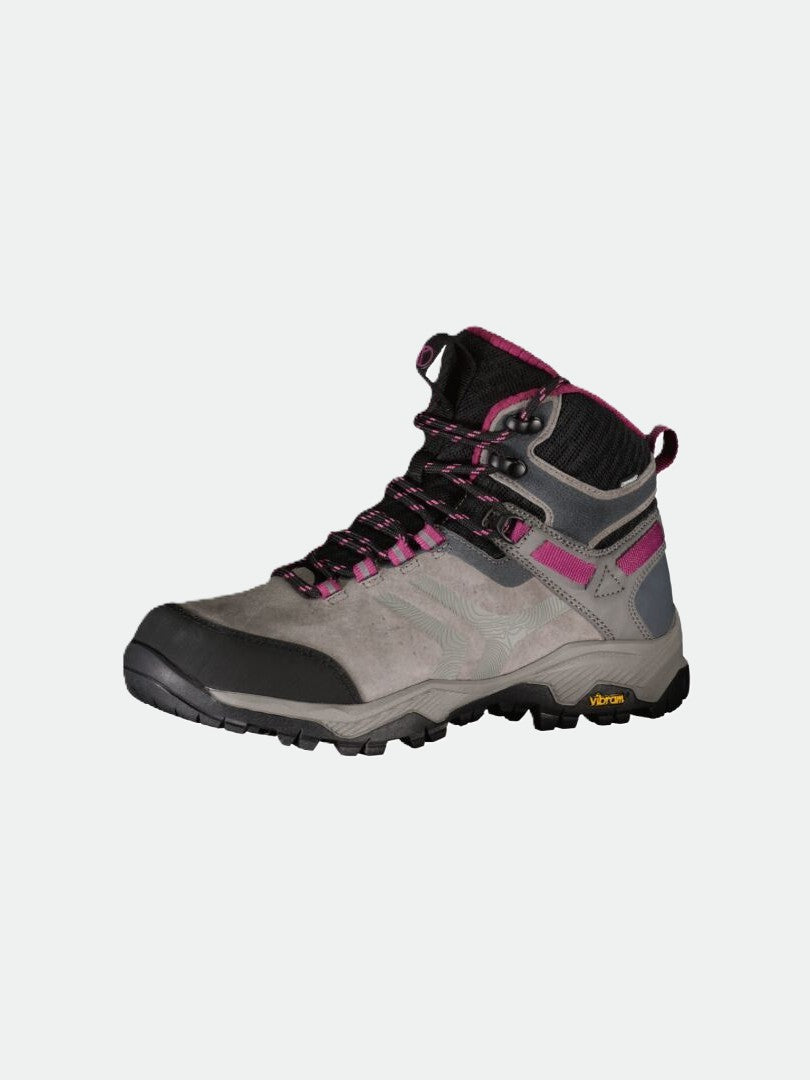 Halti Ragnar Mid Womens DrymaxX Trekking Shoe in gray with magenta accents, black Vibram sole, lace-up front, ankle support.