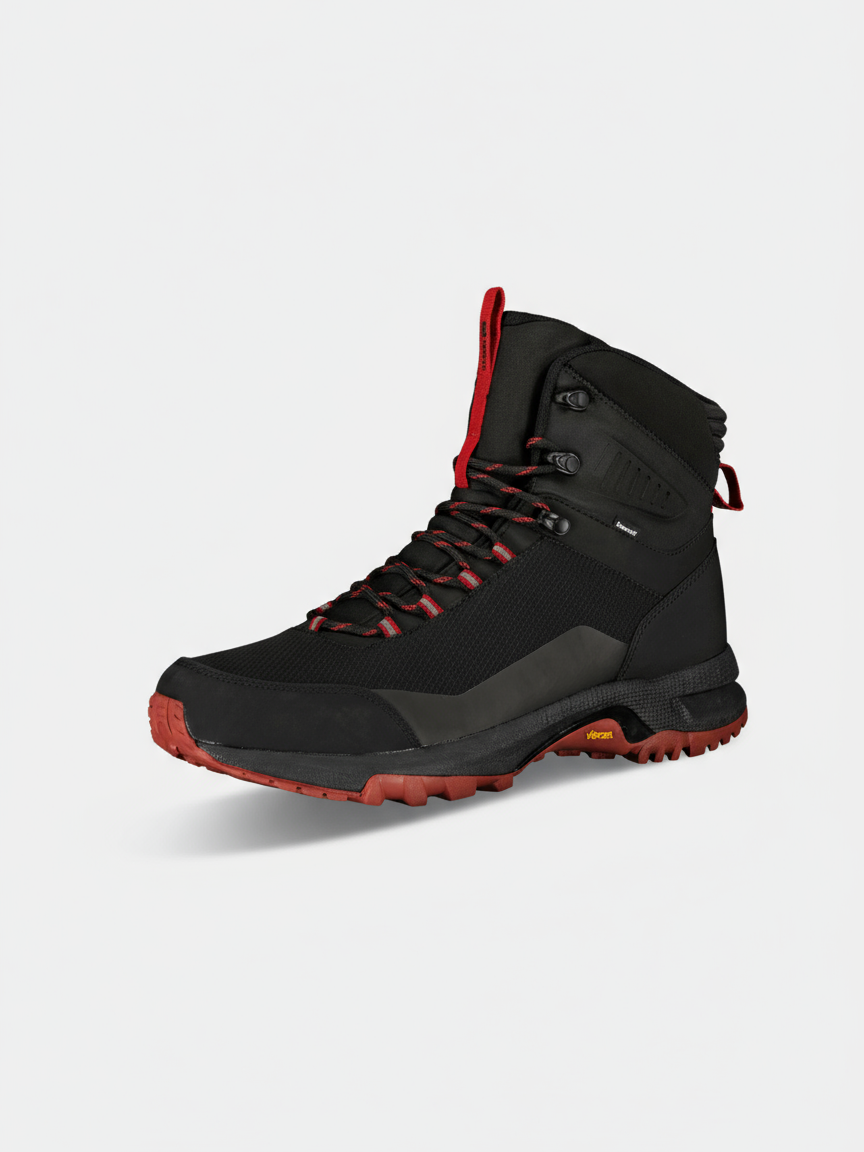 The Halti Rorvik Men's Mid DrymaxX Trekking Shoe in black/red with red laces and Vibram sole on a white background.
