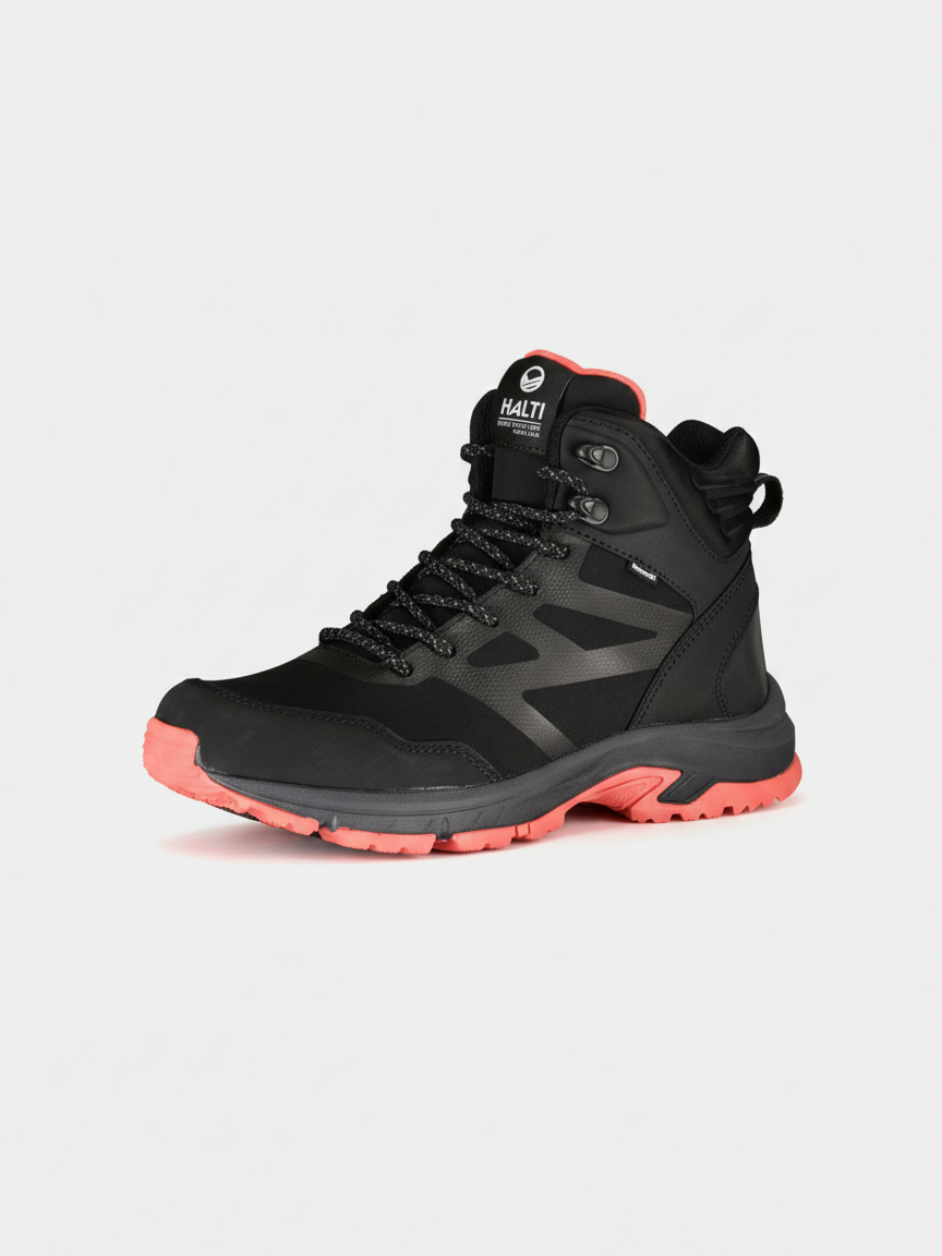 Halti Polaris Women's Mid 2 DrymaxX black/pink outdoor shoe with laces, logo on tongue, and rugged sole, front view.