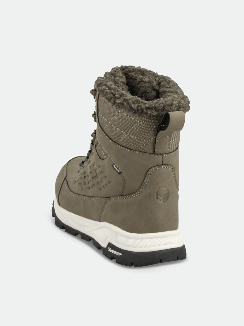 The Halti Fjalla DX Ice Control Women's winter boot in gray features a Michelin sole, laces, and faux fur collar.