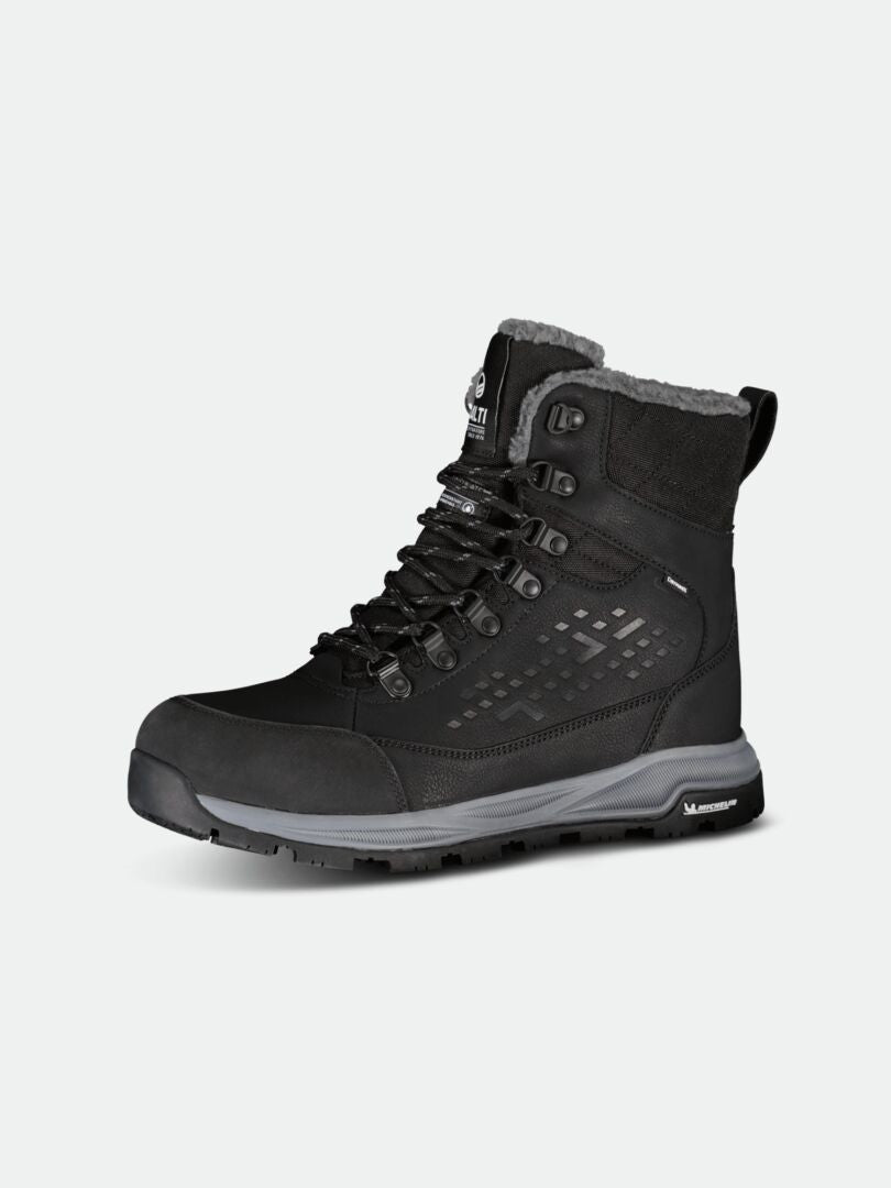 Halti Fjalla DX Ice Control Women's black winter boot with Michelin sole, lace-up front, and gray fleece lining.