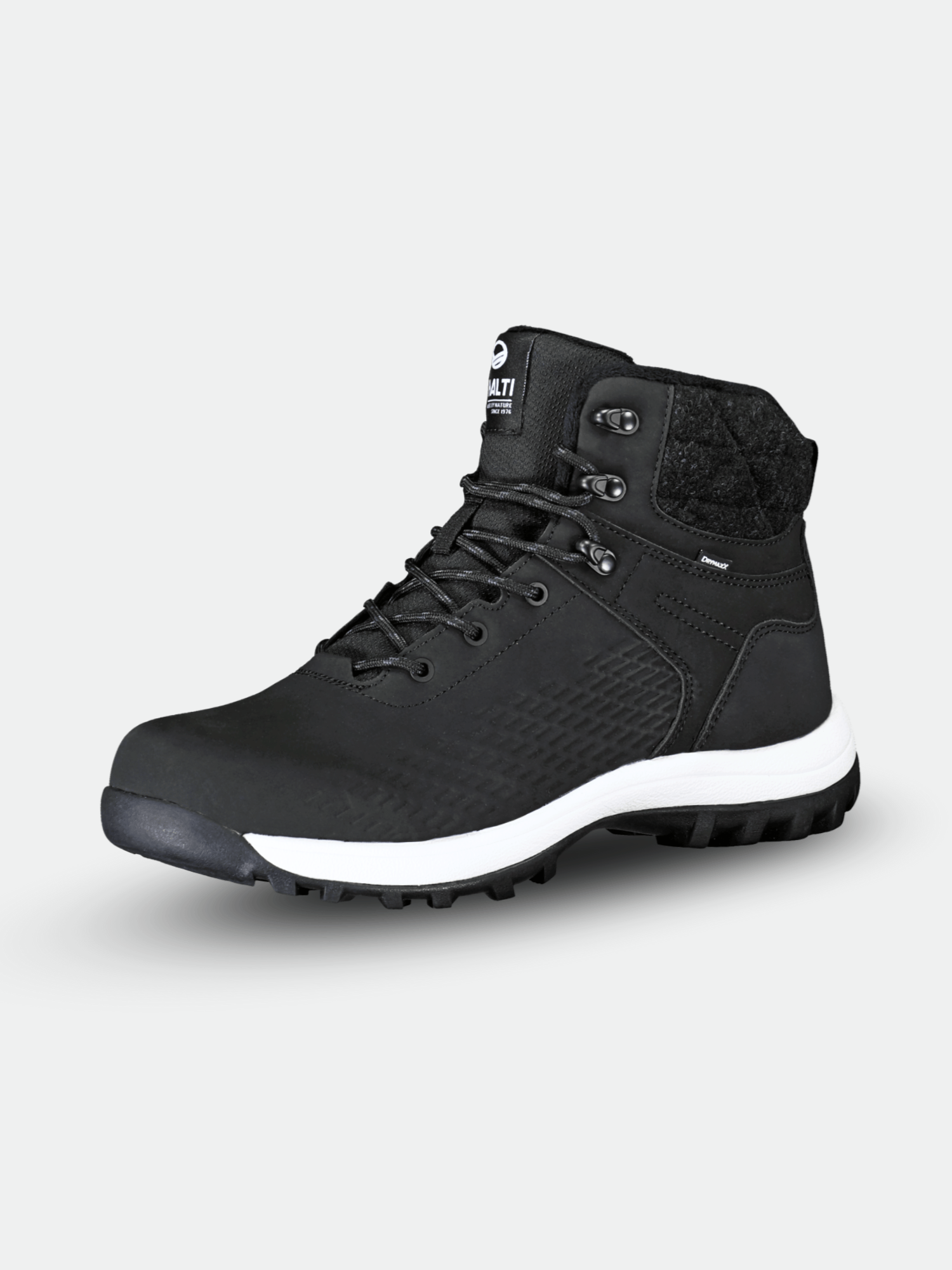 Halti Kevo Mid DrymaxX men's black waterproof winter boots with white sole, shown on a plain light background.