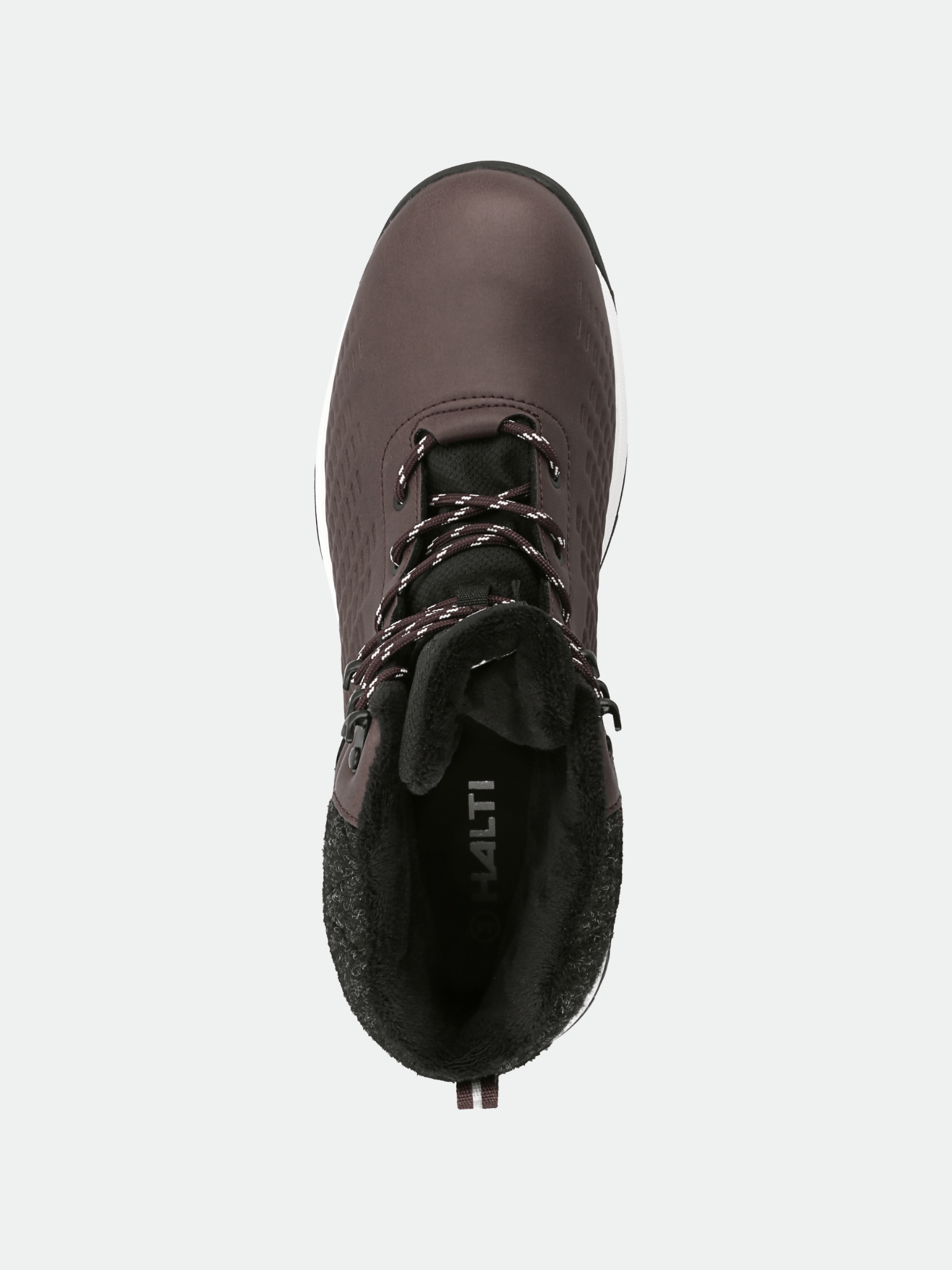 Top view of Halti Kevo Mid DrymaxX men's boot in synthetic leather with black lining and patterned laces.