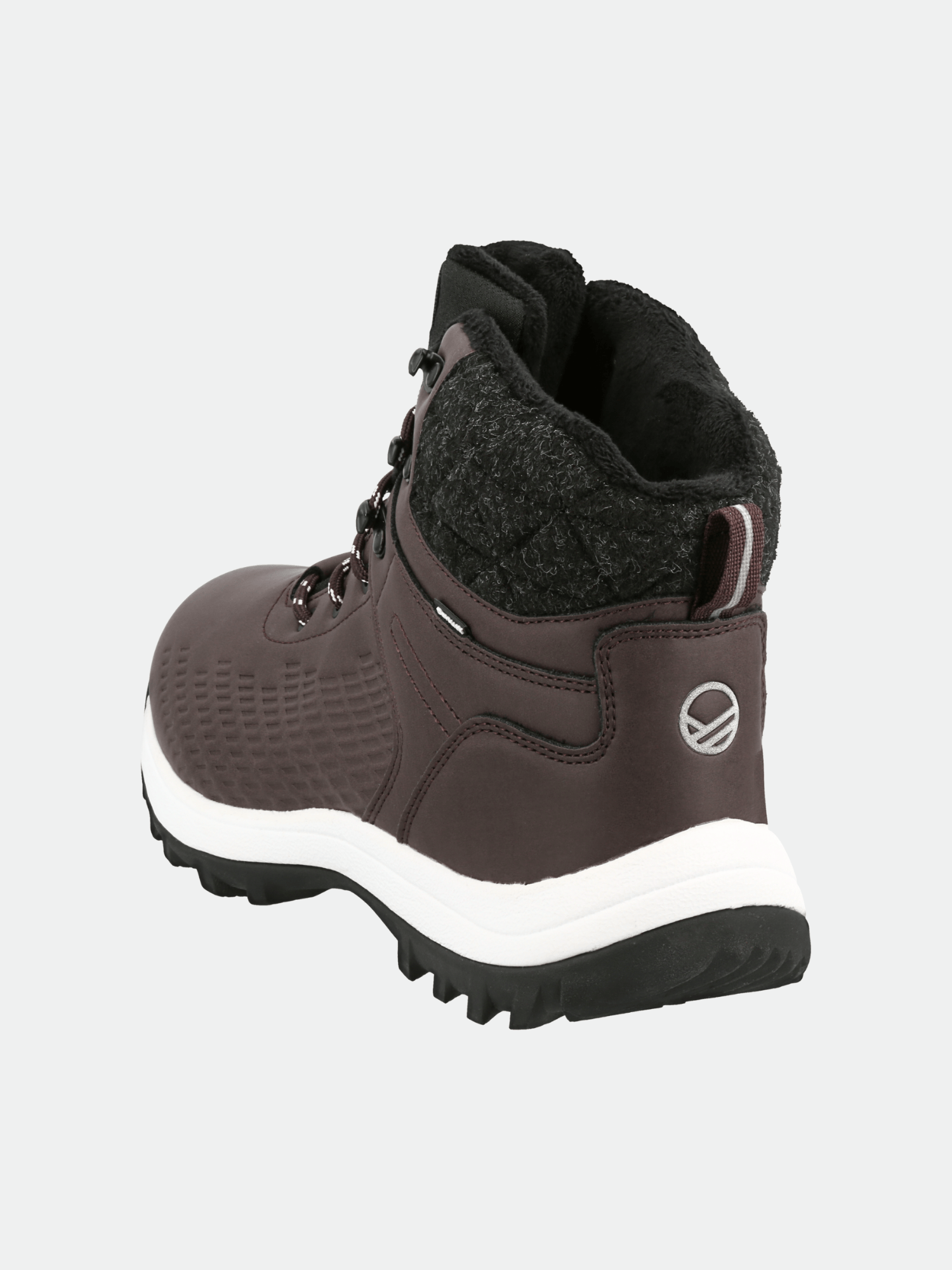 Halti Kevo Mid DrymaxX men’s boot in brown synthetic leather with white sole, black collar, back view.