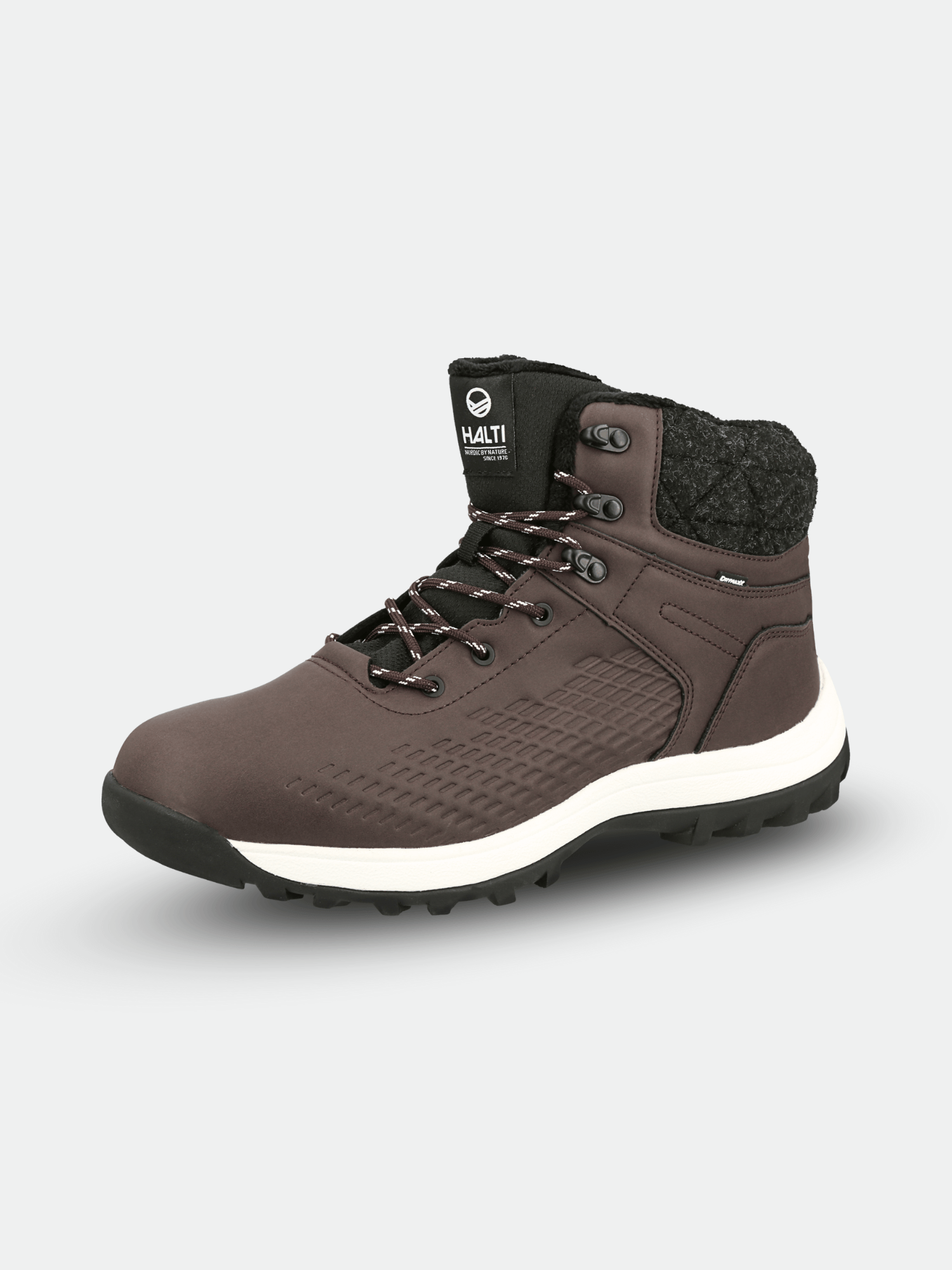 The Halti Kevo Mid DrymaxX Men's boot features brown synthetic leather, black/white laces, black sole, and textured sides.