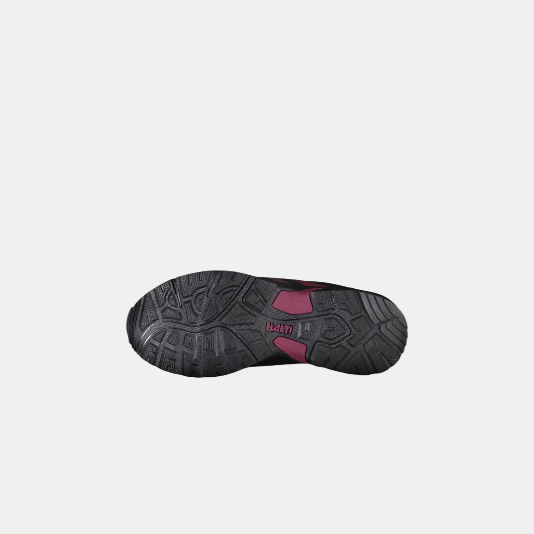 Bottom view of Halti Outdoor Shoes Mid DX Women's with GripmaxX Antislip sole and maroon accents on white background.
