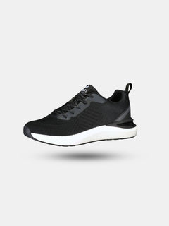 Halti Gale Sneaker Mens: Black athletic shoe with knit upper, BoomaxX Energy midsole, gray accents, and black laces.