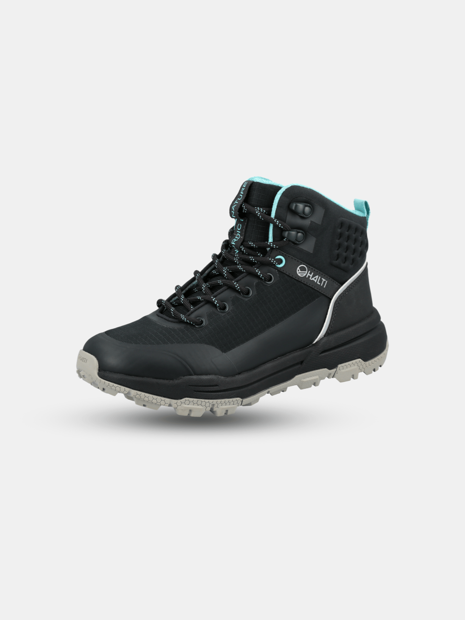 The Halti Hiker Askel Mid Outdoor Shoe Women's is black/gray with turquoise accents and a thick, textured sole.