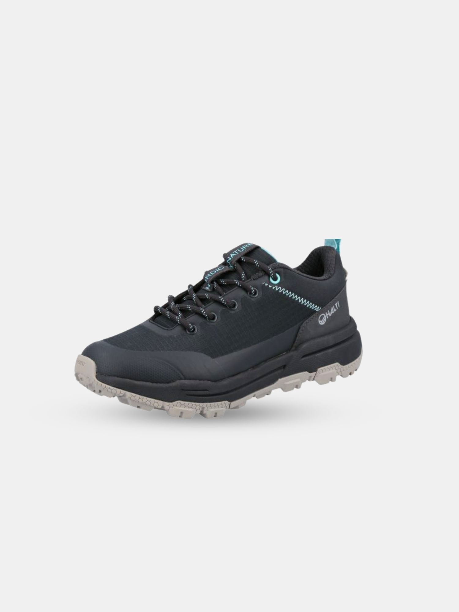 Halti Hiker Askel Low Outdoor Shoe Women's—black/gray, blue accents, rugged sole, water repellent; perfect for hiking.