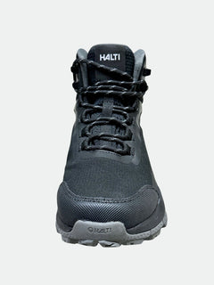 Front view of Halti Fara 3 DX Mid Womens Outdoor Shoe in black with GripmaxX sole and gray accents on a light background.