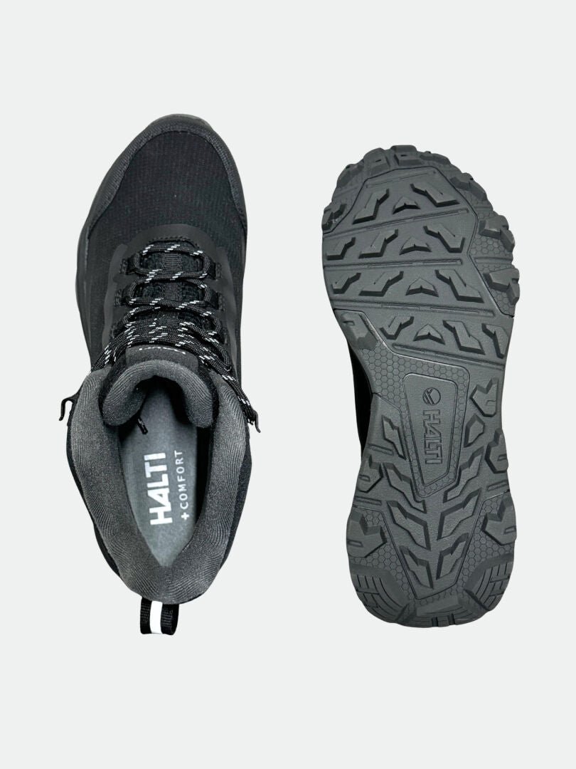 Top and sole views of a black and gray Halti Fara 3 DX Mid waterproof womens outdoor shoe with patterned laces.