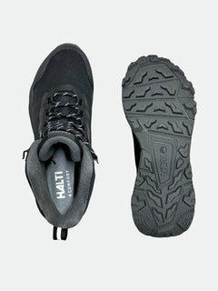 Top and sole views of a black and gray Halti Fara 3 DX Mid waterproof womens outdoor shoe with patterned laces.