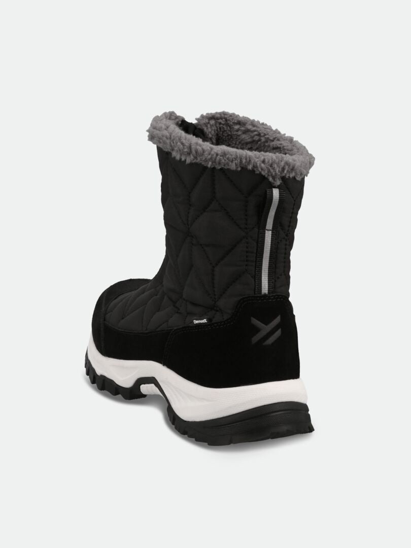 Halti Sletta Zip DX Women's winter shoe in black with quilted stitching, gray faux fur lining, and a two-tone sole, rear view.