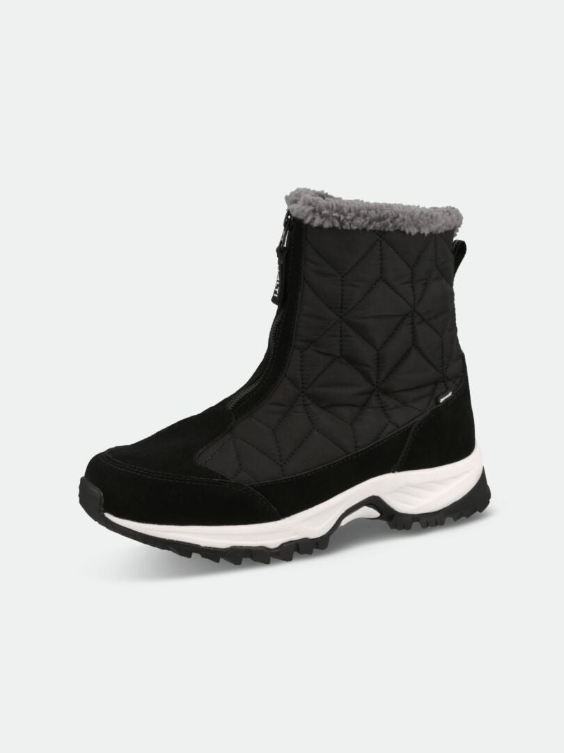 Halti Sletta Zip DX Women's winter shoe with quilted upper, front zipper, white sole, and gray faux fur trim.