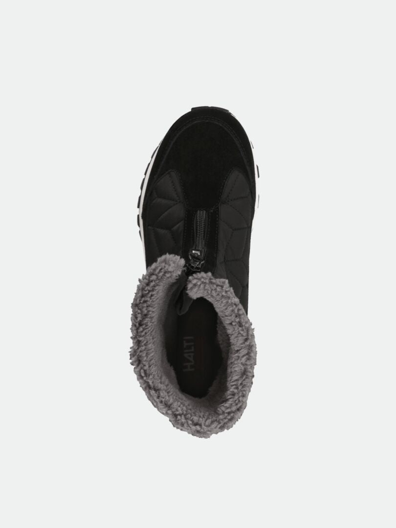 Top view of Halti Sletta Zip DX women's winter boot in black with zipper and gray faux fur lining around the opening.
