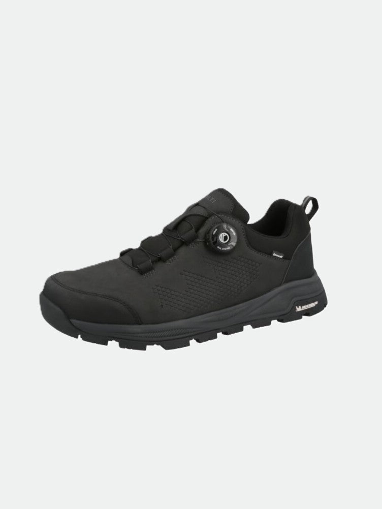 The Halti Buli Low 2 DX Freelock is a black vegan leather shoe with mesh, dial closure, and a Michelin Ice sole.