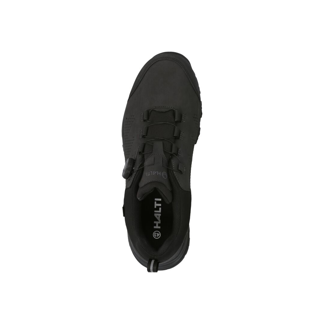 Top view of Halti Buli Low 2 DX FL Friction Shoe in black vegan leather with laces, Michelin sole, and logo insole.
