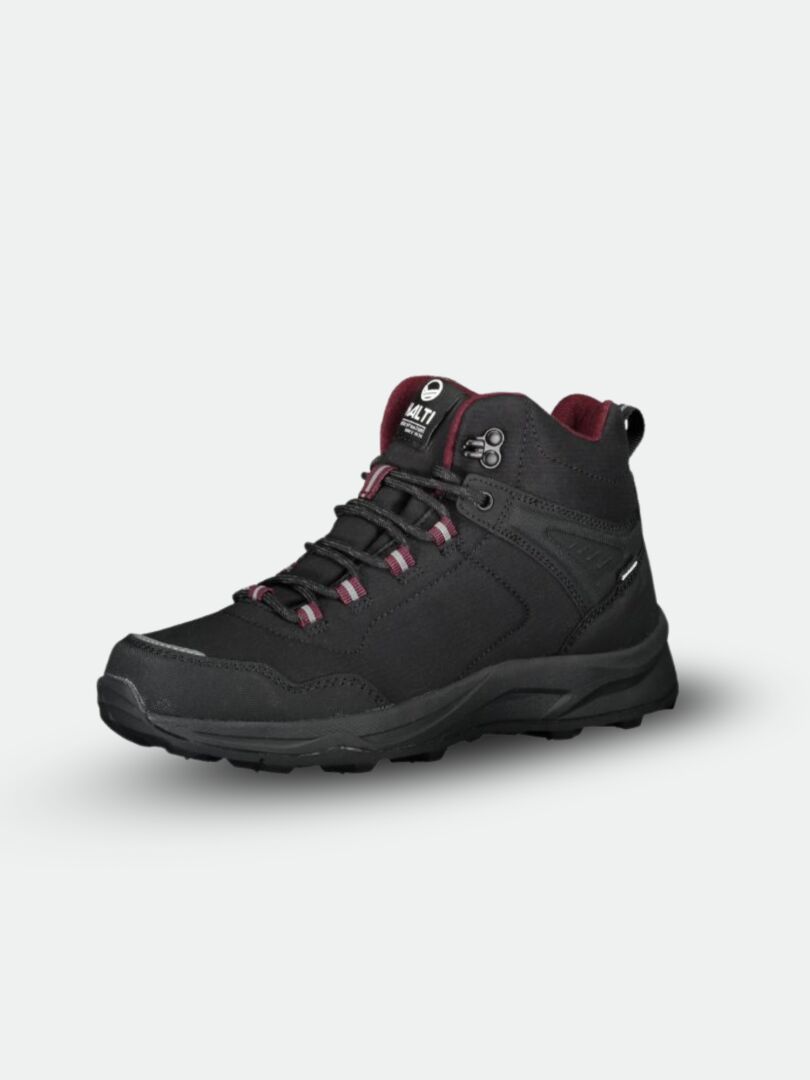 Halti Lynx Mid 2 DX Spike Shoe Women's: black waterproof ankle boot with maroon accents and GripmaxX Spike outsole.