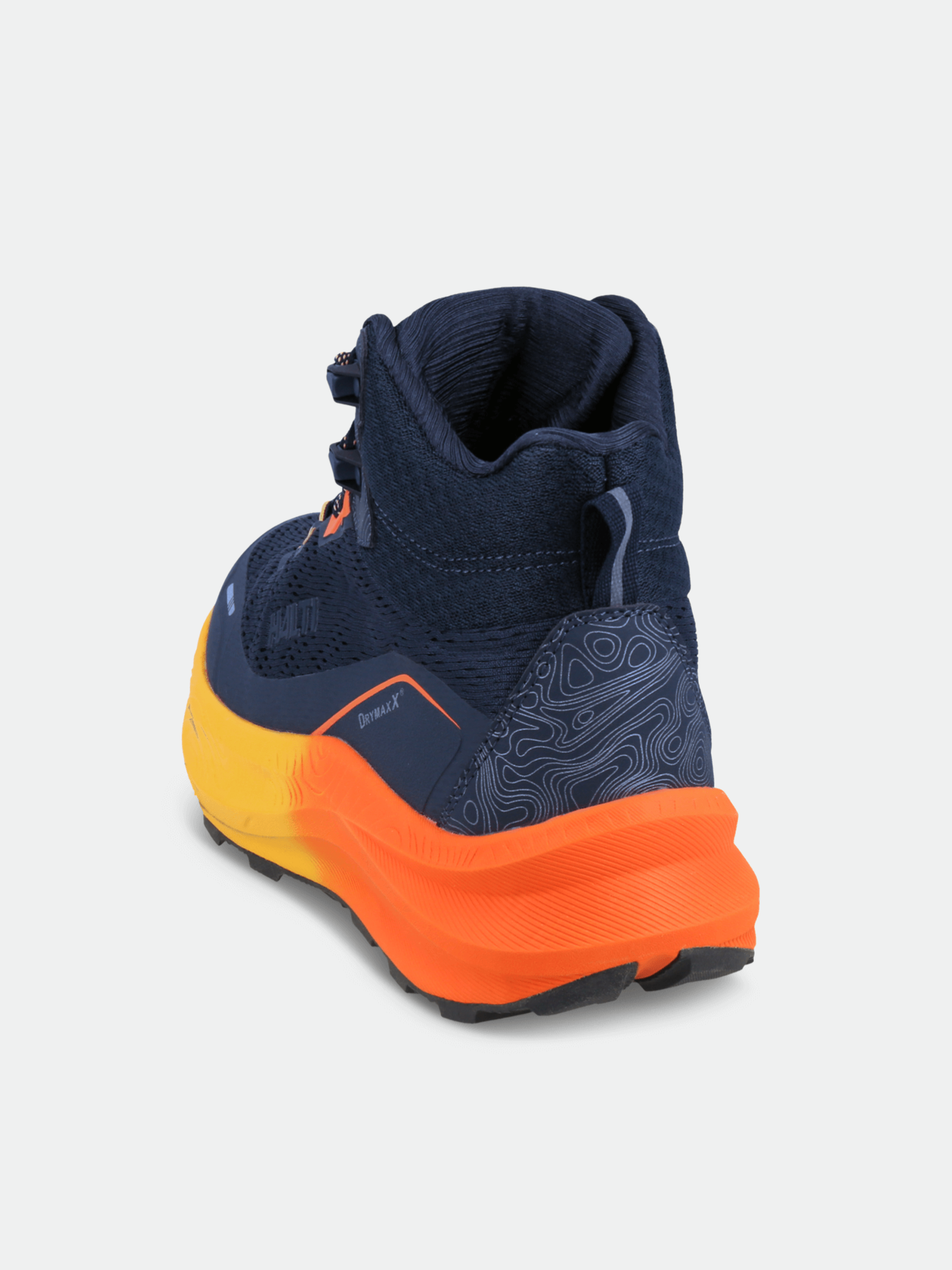 The Halti Rapid DX Mid Outdoor Shoe Men's in navy and orange shown from the rear on a plain, light background.