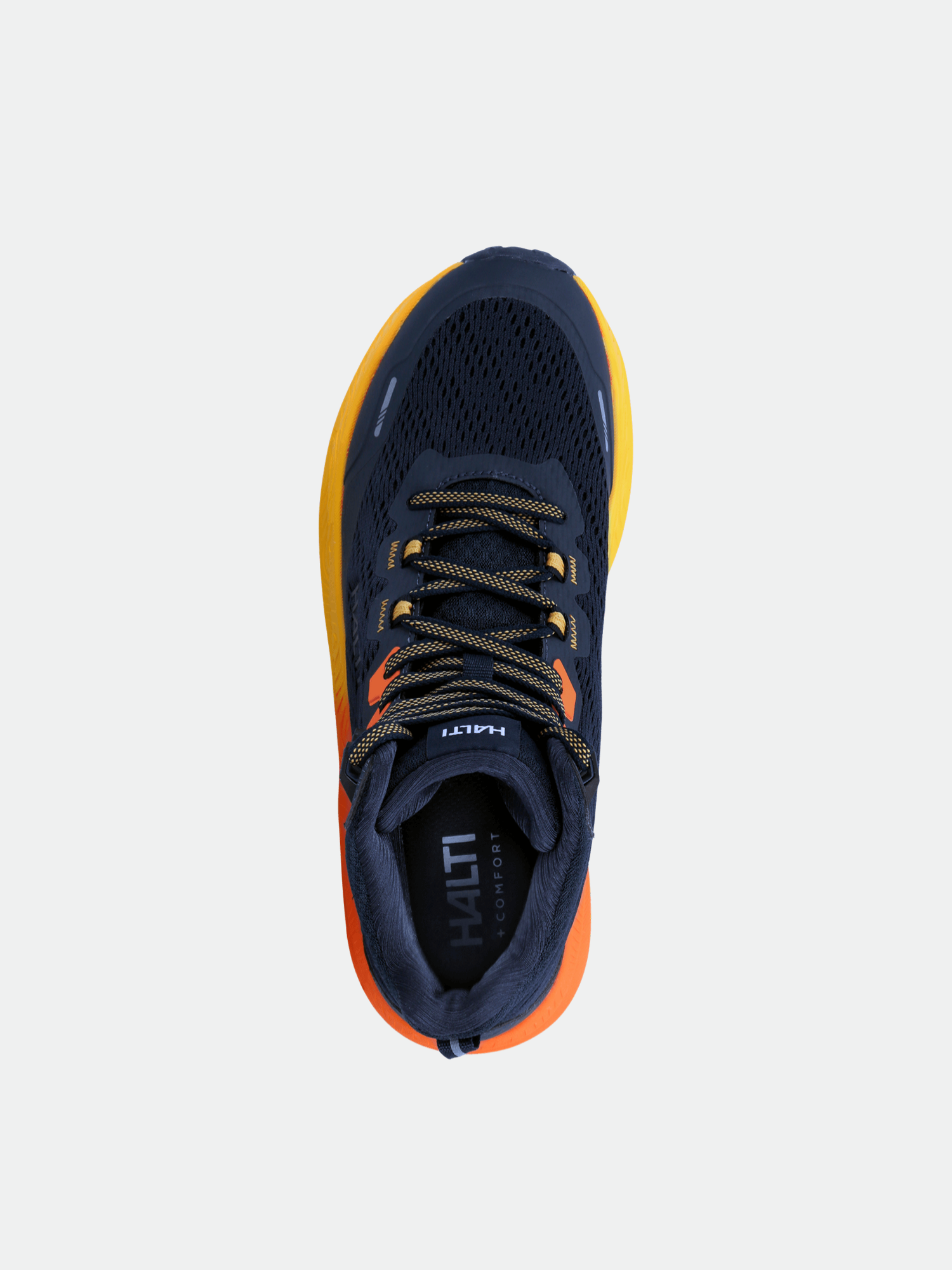 Top view of Halti Rapid DX Mid Outdoor Shoe Men's in dark blue with vibrant accents and black-yellow laces.