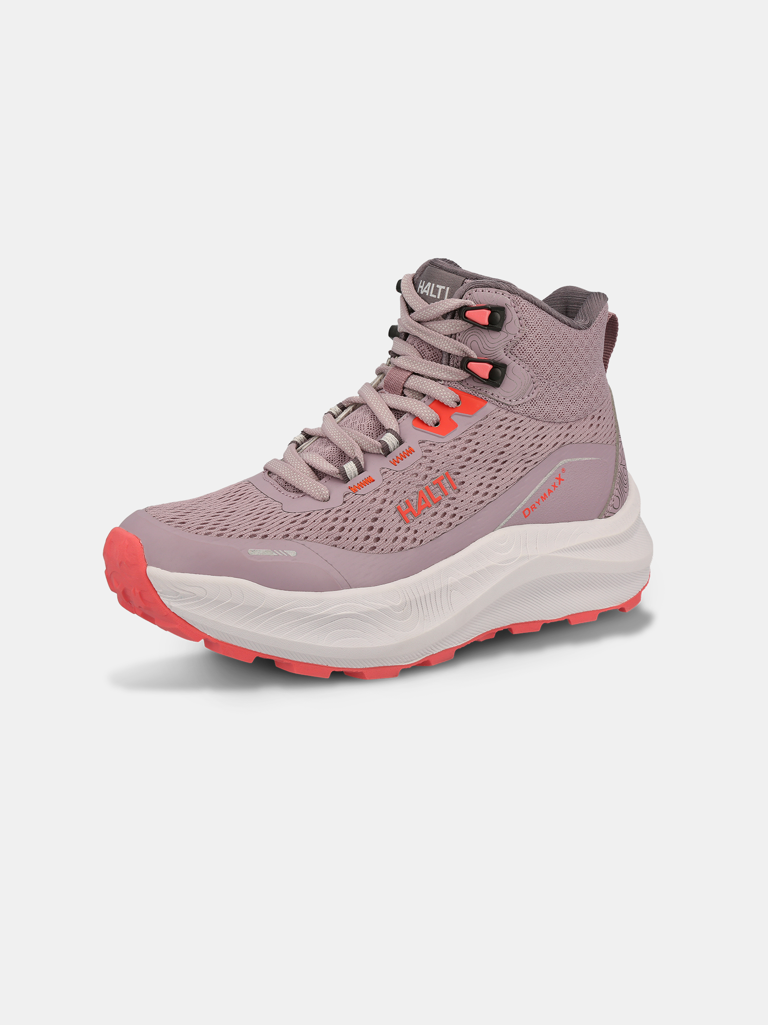Halti Rapid DX Mid light purple and pink women's hiking shoe with red accents, mesh upper, white sole, and side logo.