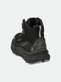 The Halti Rapid Mid Freelock DX Shoe Unisex in black has a textured sole and patterned heel, shown from the back.