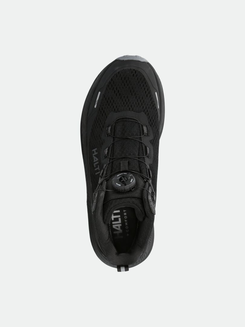 Halti Rapid Mid Freelock DX Shoe Unisex, black mesh upper with dial closure, top view, “HATI Comfort” branding.