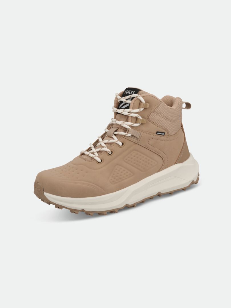 Halti Morgam DX Mid Outdoor Shoe Womens: tan vegan leather, white laces, rugged sole, logo tag on tongue.