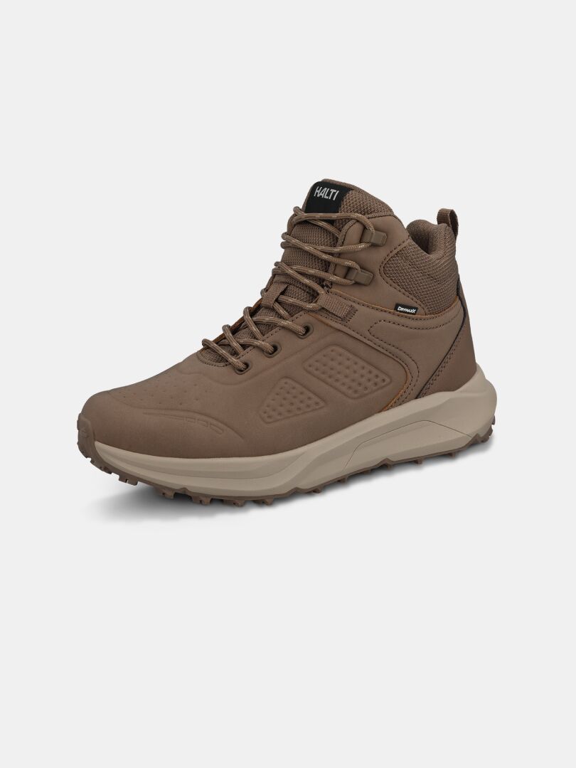 Halti Morgam Mid DX Outdoor Shoe Women’s: vegan leather, mesh panels, laces, rugged sole—shown on plain white background.