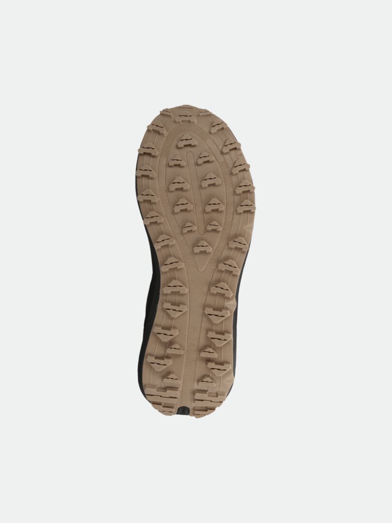 The Halti Morgam DX Mid Womens outdoor shoe features a tan treaded vegan leather sole, shown from below on white.