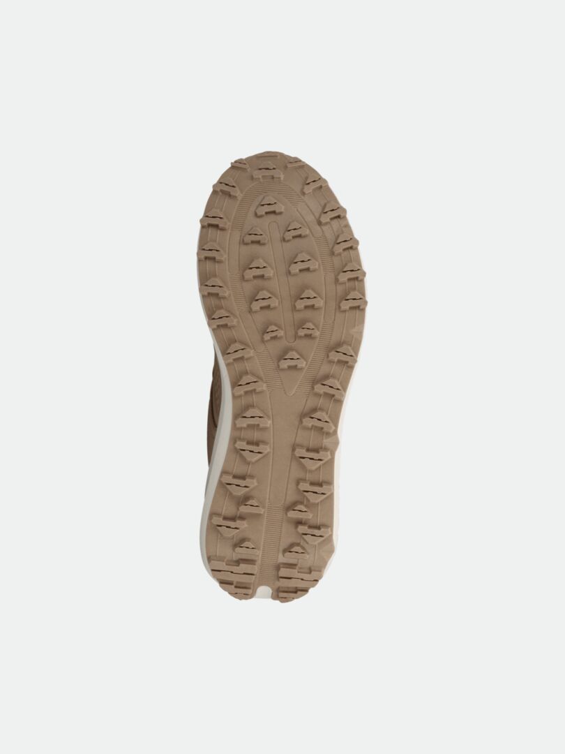 The Halti Morgam DX Low Shoe Womens features a brown vegan leather sole with outdoor grip, shown on a white background.