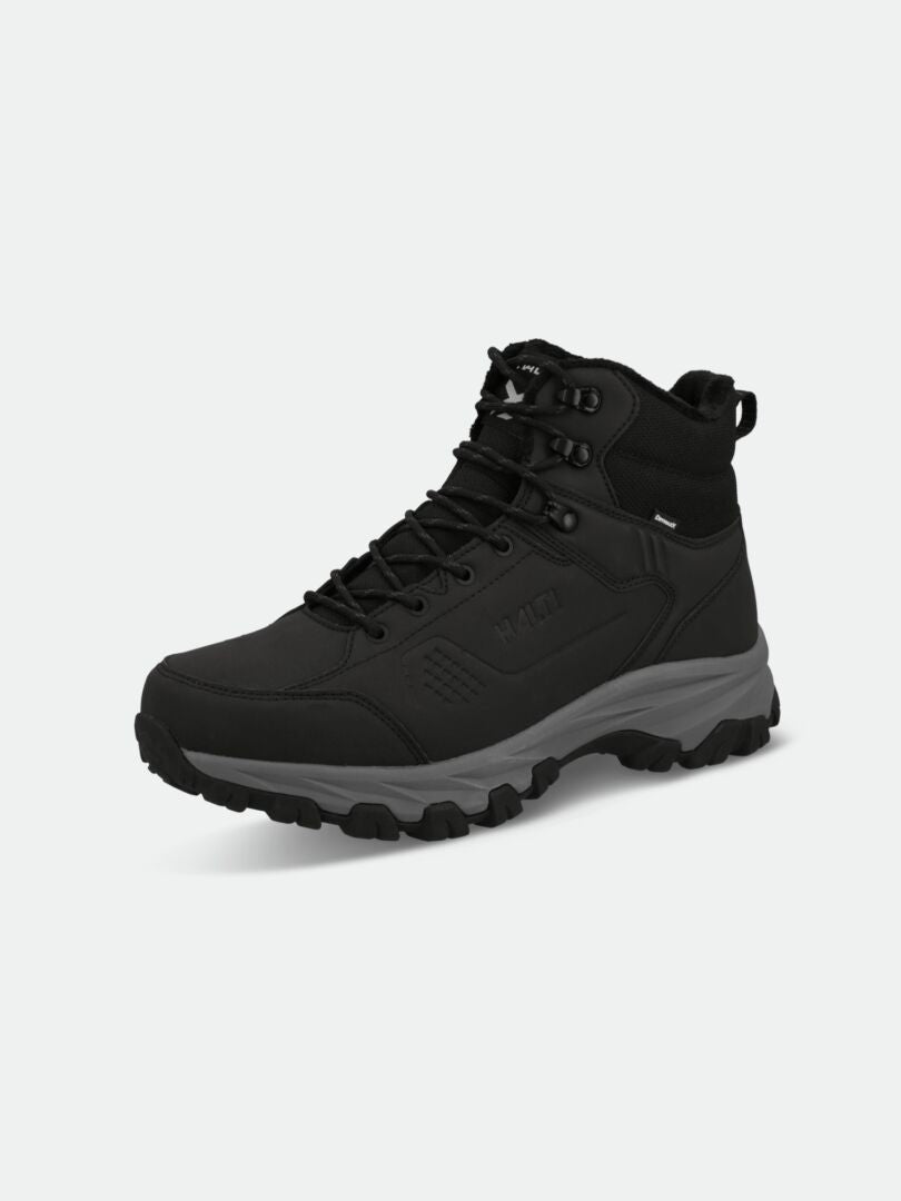 Halti Kevo 2 DX Men's winter boots: black, lace-up, synthetic leather, rugged gray sole, ankle support, waterproof.