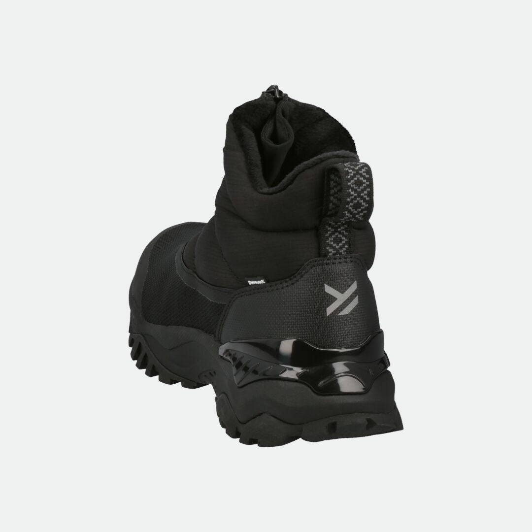 The Halti Toppari Zip DX Outdoor Shoe Women's is a black boot with a textured sole, woven pull tab, and recycled materials.