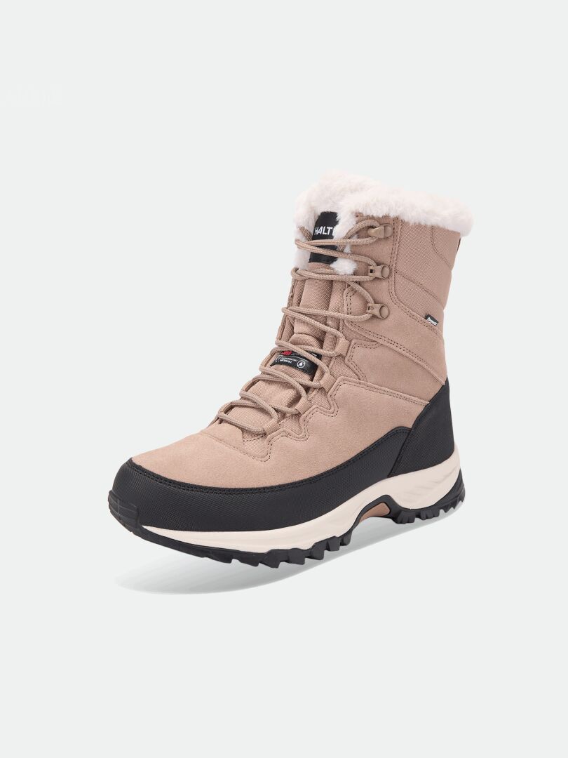 Halti Tornio 2 DX winter boots: tan, mid-calf, lace-up, faux-fur collar, Thinsulate, and GripmaxX Arctic outsole.