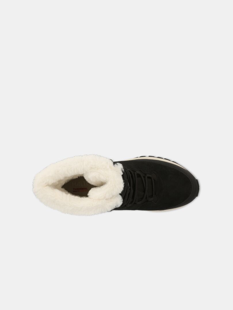 Top view of Halti Tornio 2 DX Winterboot, an insulated leather boot with white faux fur lining and black laces.