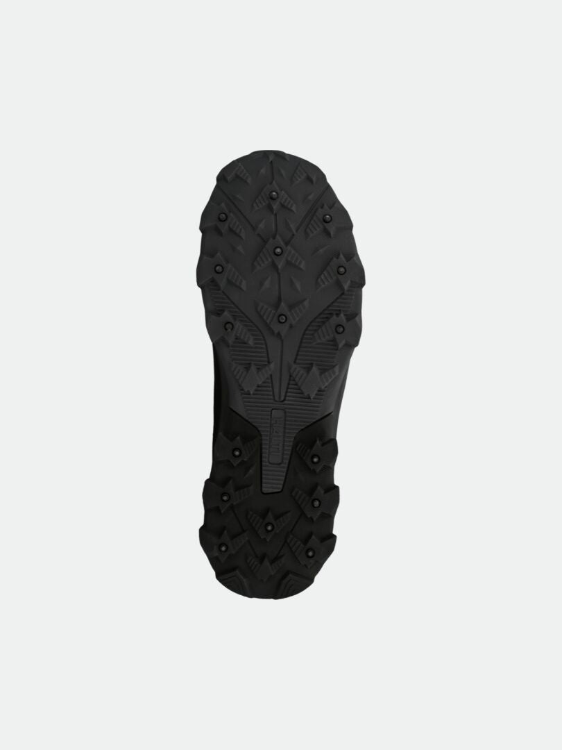 Halti Kenai Mid 2 DX Spike Shoe Men's, black, features a deep GripmaxX sole with metal spikes, bottom view shown.