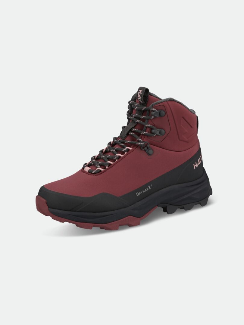 The Halti Kenai Mid 2 DX Spike Shoe Women's is a maroon/black waterproof boot with GripmaxX Spike outsole.