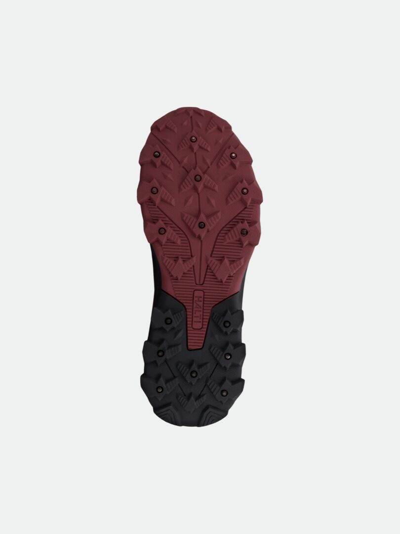 The Halti Kenai Mid 2 DX Spike Shoe Women's features a black/maroon outsole with metal spikes for winter walks.