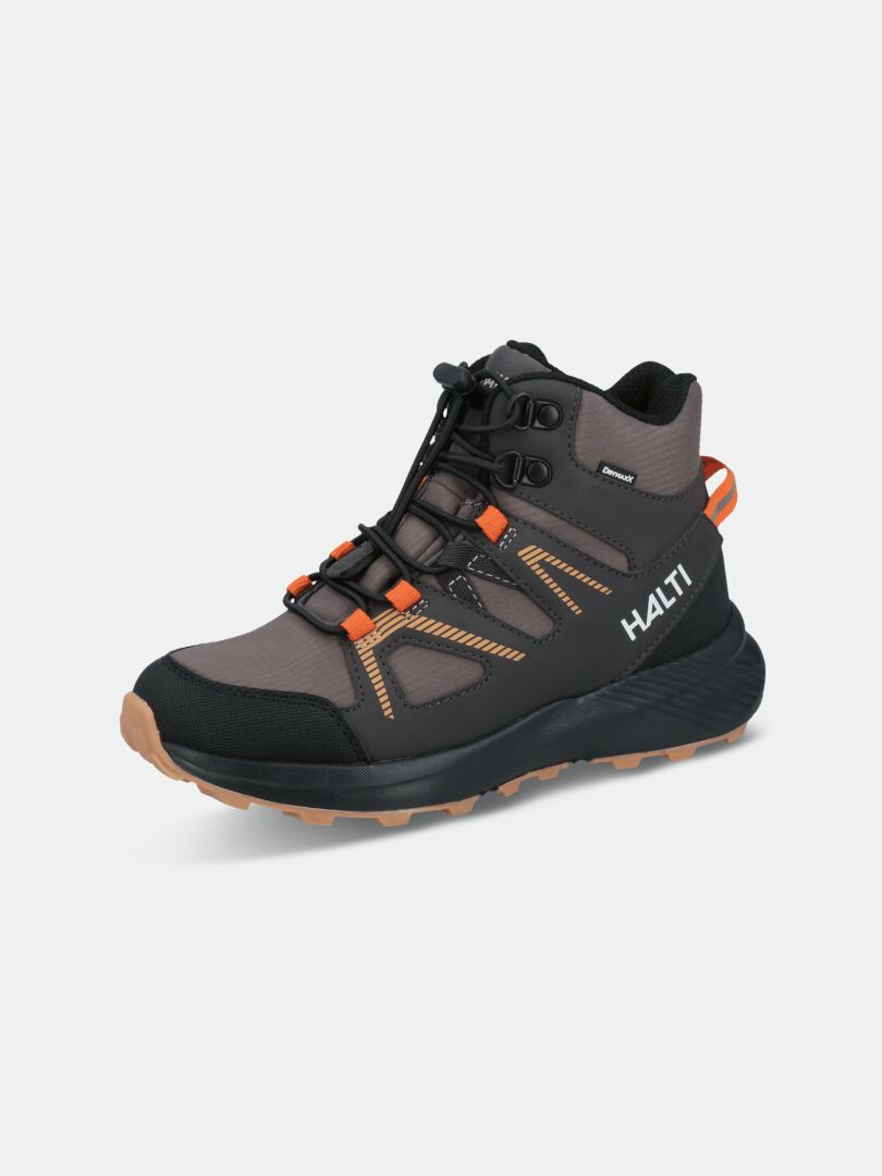 The Halti Rasmus DX Shoe Children's is a black/gray hiking boot with orange accents and easy-on elastic laces.
